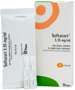image of a box of Softacort eye drops, the blister pack inside and two unit doses