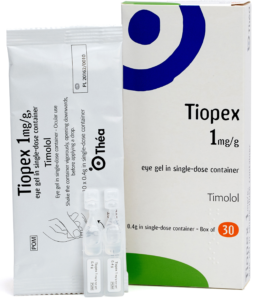image of a box of Tiopex eye drops, the blister pack inside and two unit doses