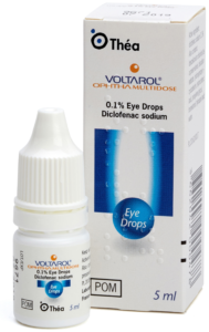 Image of a box of 5ml Voltarol Ophtha Multidose with multidose bottle in front