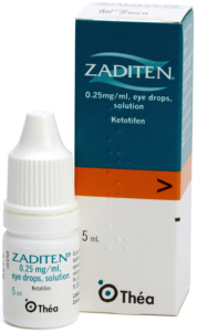 Image of a box of Zaditen with multidose bottle in front