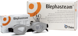 image of a box containing a Blephasteam device with a box of Rings and a pair of the goggles in front