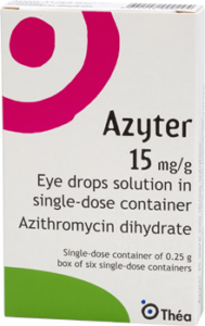 image of a box of Azyter eye drops, the blister pack inside and two unit doses