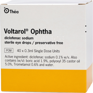 image of a box of Voltarol Ophtha 40 unit doses eye drops