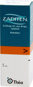 Image of a box of Zaditen 5ml eye drops