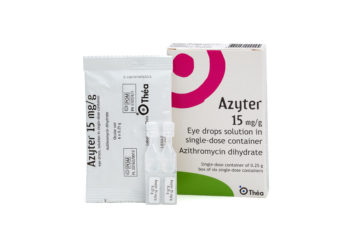 image of a box of Azyter eye drops, the blister pack inside and two unit doses
